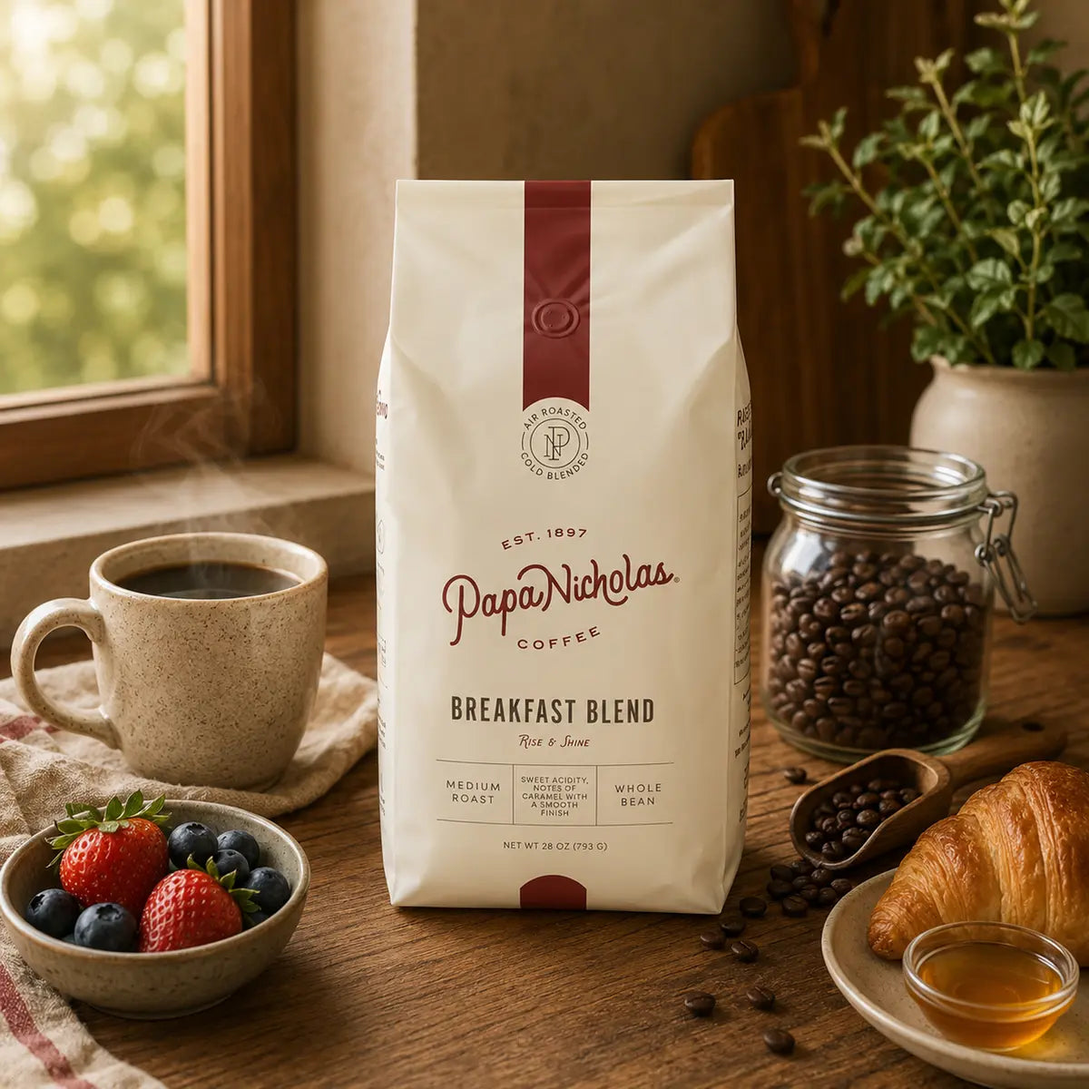 PapaNicholas Breakfast Blend coffee in a warm kitchen setting
